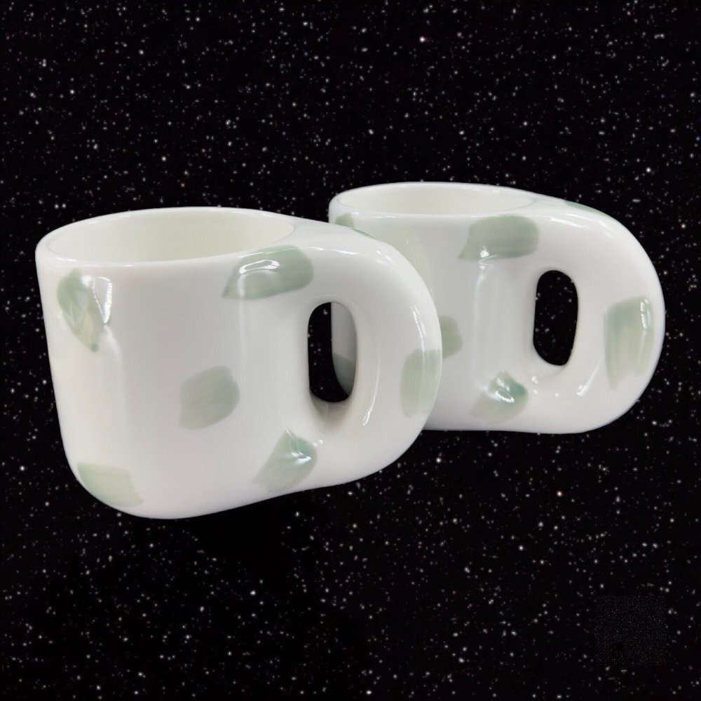 Hand Made Pottery Coffee Mugā Cup Set 2 Heavy Large Mugs White Green Dots Marks